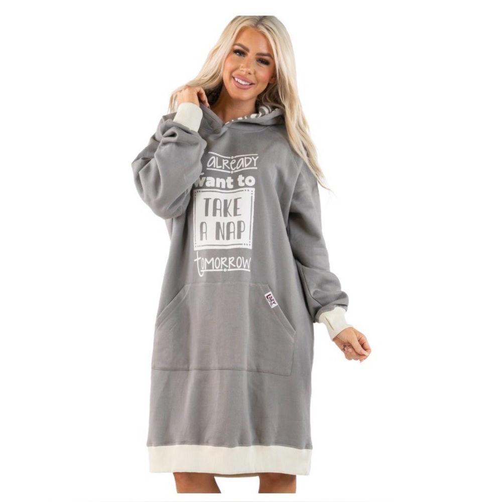 Lazy One, Take a Nap, Steel Gray Hooded Sweatshirt Dress with Cream Trim